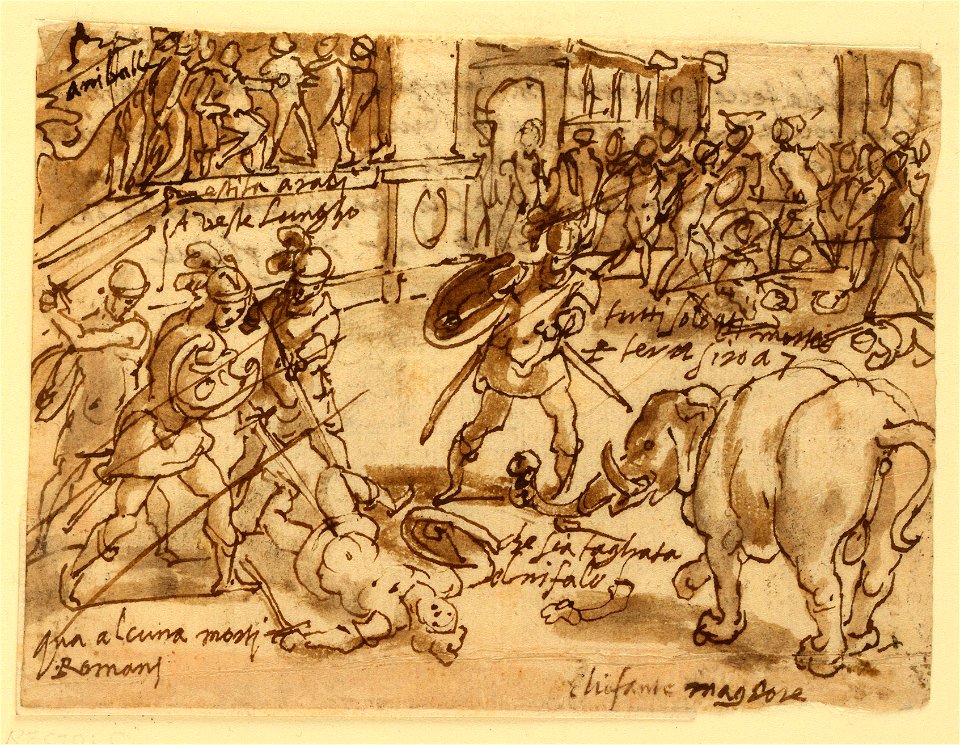 Drawing, Sketchbook Page with Romans Fighting an Elephant, ca. 1590 (CH 18110043)
