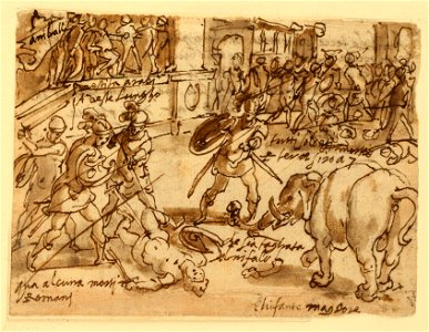 Drawing, Sketchbook Page with Romans Fighting an Elephant, ca. 1590 (CH 18110043)