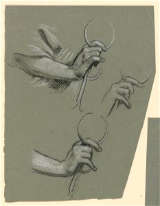 Drawing, studies of hands holding calipers, ca. 1890 (CH 18404485)