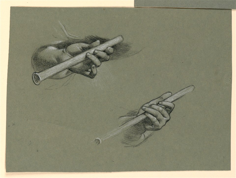 Drawing, studies of two hands holding flutes (.), ca. 1890 (CH 18404487)