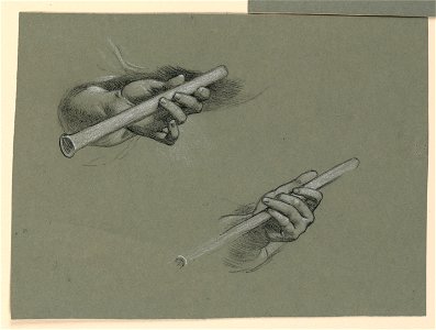 Drawing, studies of two hands holding flutes (.), ca. 1890 (CH 18404487)