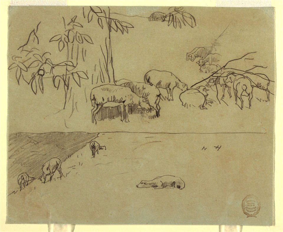 Drawing, Two Views of Sheep Grazing in a Field, probably 1875–78 (CH 18175185)