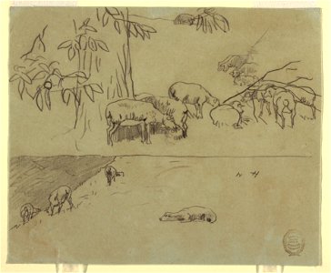 Drawing, Two Views of Sheep Grazing in a Field, probably 1875–78 (CH 18175185)