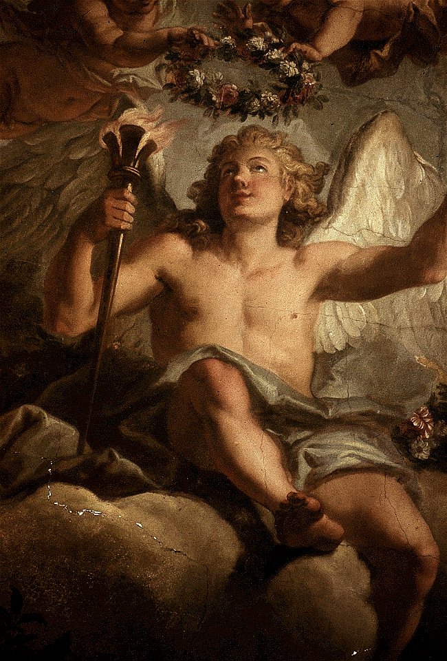 Dresden, Zwinger, Mathematisch-Physikalischer Salon, Louis de Silvestre, Bekränzung Amors, Figur 1