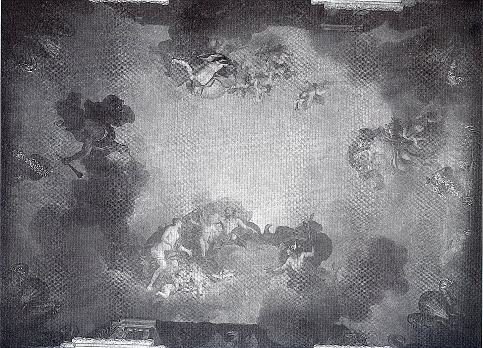 Dresden, Zwinger, Mathematisch-Physikalischer Salon, oberer Saal, nordöstlicher Seitenraum. Deckenfresco von Louis de Silvestre, Venus erbittet von Jupiter die Hilfe Merkurs. gemalt 1723 , zerstört 1945