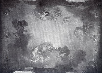 Dresden, Zwinger, Mathematisch-Physikalischer Salon, oberer Saal, nordöstlicher Seitenraum. Deckenfresco von Louis de Silvestre, Venus erbittet von Jupiter die Hilfe Merkurs. gemalt 1723 , zerstört 1945