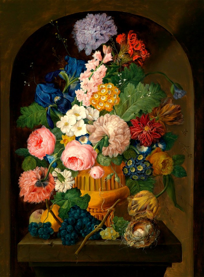 Drechsler – Still life of flowers with a bird’s nest