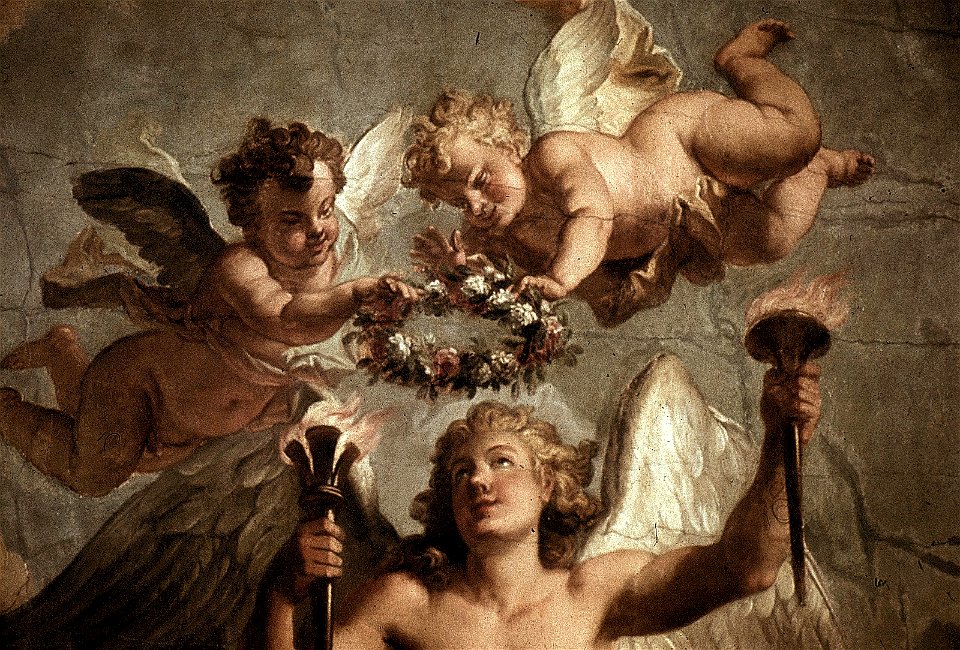 Dresden, Zwinger, Mathematisch-Physikalischer Salon, Louis de Silvestre, Bekränzung Amors, Figur 2