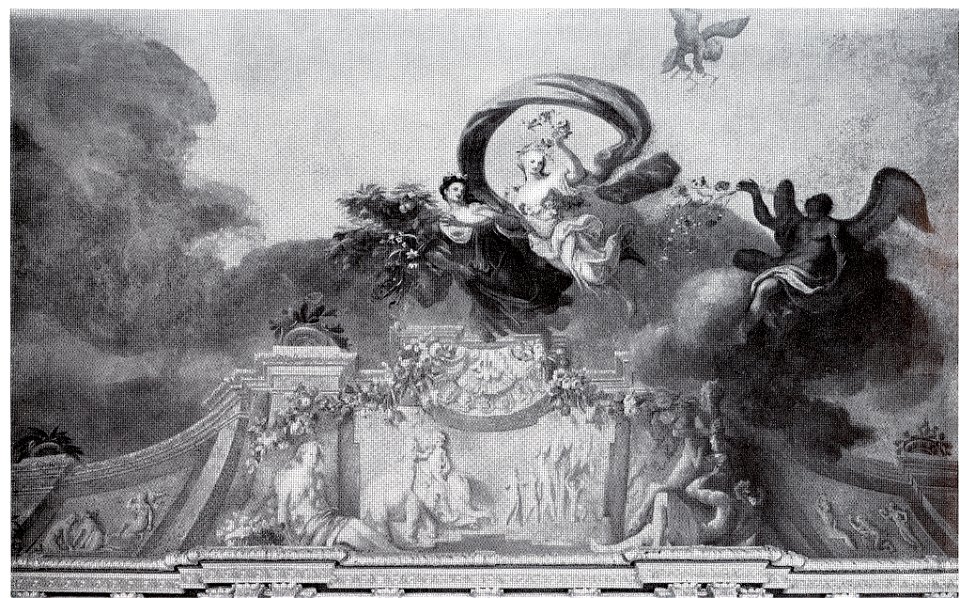 Dresden, Zwinger, Französischer Pavillon, Marmorsaal, Hauptraum, Deckenfresco von Heinrich Christoph Fehling mit Allegorien der verschiedenen Jahreszeiten, Frühling, dargestellt durch Frühlingsgöttinnen, die herabschweben und Blumen spenden