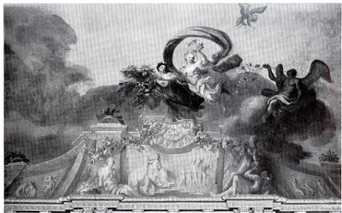 Dresden, Zwinger, Französischer Pavillon, Marmorsaal, Hauptraum, Deckenfresco von Heinrich Christoph Fehling mit Allegorien der verschiedenen Jahreszeiten, Frühling, dargestellt durch Frühlingsgöttinnen, die herabschweben und Blumen spenden