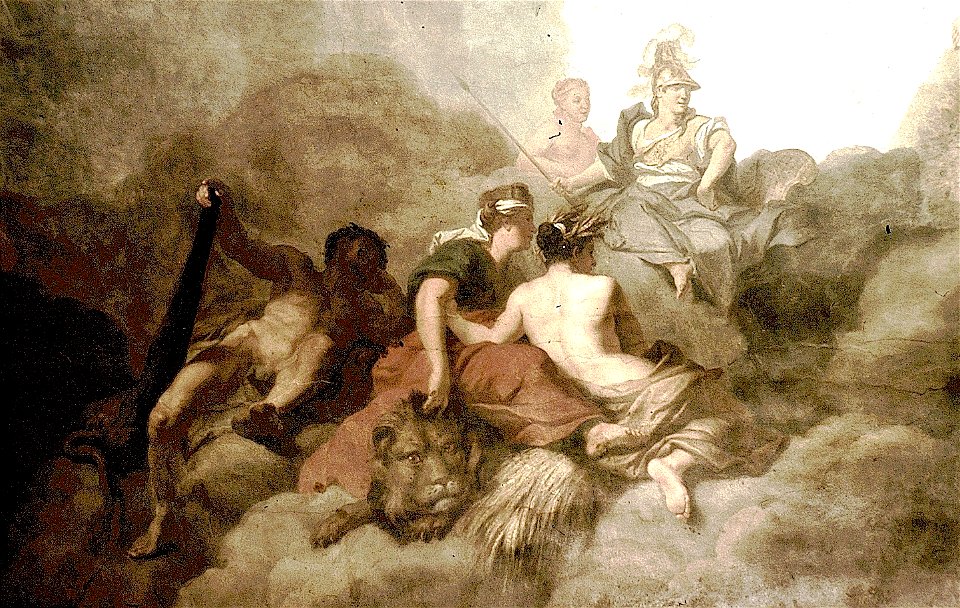Dresden, Zwinger, Mathematisch-Physikalischer Salon, Louis de Silvestre, Psyches Aufnahme in den Olymp, Figurengruppe Minerva (mit Helm und Speer), Ceres (auf Ährenbündel) und Herkules (mit Keule)