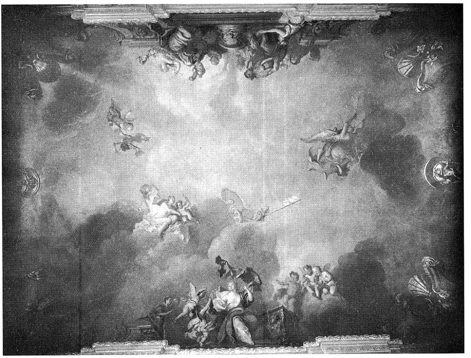 Dresden, Zwinger, Mathematisch-Physikalischer Salon, oberer Saal, südwestlicher Seitenraum. Deckenfresco von Louis de Silvestre, Toilette der Psyche und Opfer an Psyche. gemalt 1723 , zerstört 1945