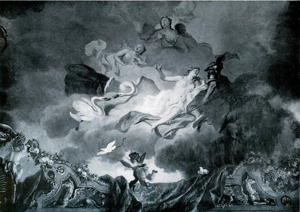 Dresden, Zwinger, Mathematisch-Physikalischer Salon, oberer Saal, Mittelraum. Deckenfresco von Louis de Silvestre, Erhebung der Psyche in den Olymp, Ausschnitt Venus und Ares