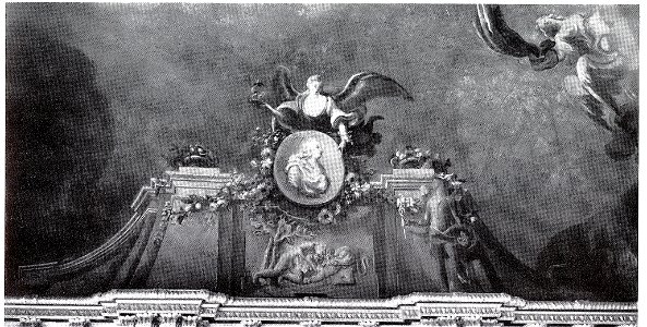 Dresden, Zwinger, Französischer Pavillon, Marmorsaal, Hauptraum, Deckenfresco von Heinrich Christoph Fehling mit Porträtrelief von August dem Starken, darunter Herkules, der den nemäischen Löwen erwürgt