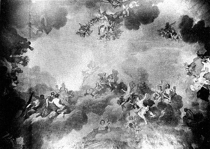 Dresden, Zwinger, Mathematisch-Physikalischer Salon, oberer Saal, Mittelraum. Deckenfresco von Louis de Silvestre, Erhebung der Psyche in den Olymp. gemalt 1723 , zerstört 1945