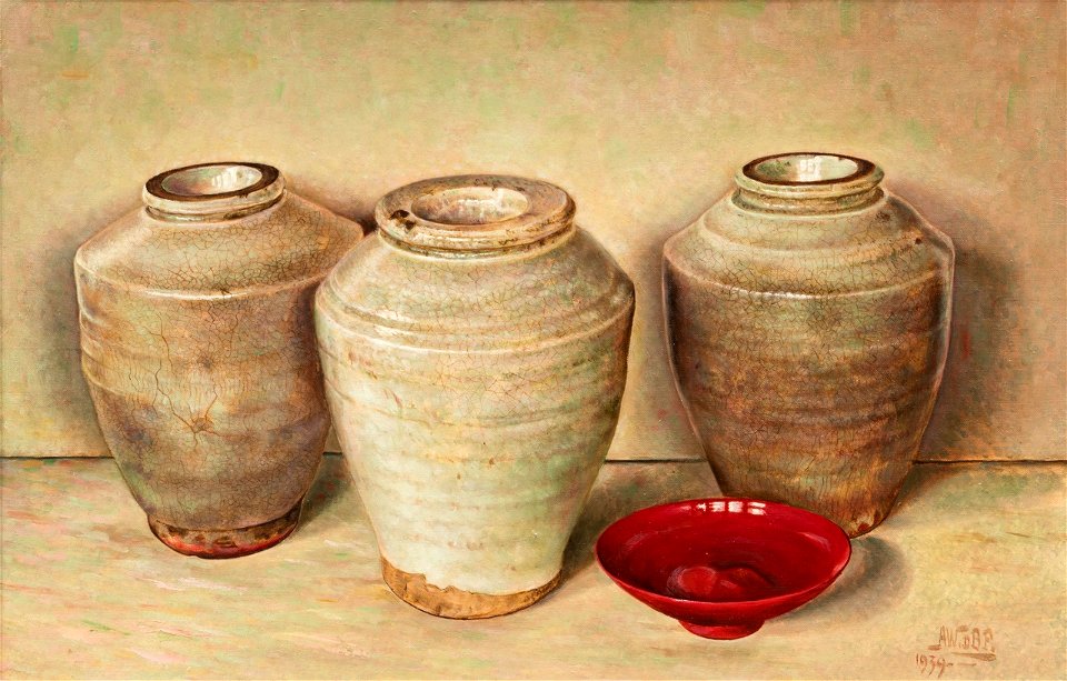 Drie groene vazen en een rood schaaltje Centraal Museum 22086