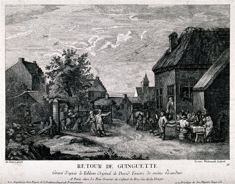 Drinkers revelling outside a country tavern as a young man i Wellcome V0019533