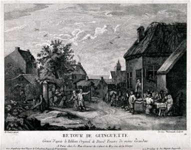 Drinkers revelling outside a country tavern as a young man i Wellcome V0019533