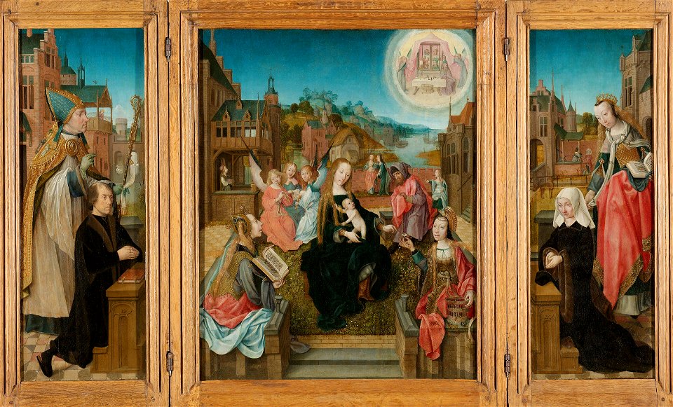 Drieluik met Maria met kind en heiligen (middenpaneel), de stichter met de heilige Martinus (binnenzijde linkervleugel), de stichteres met de heilige Cunera (binnenzijde rechtervleugel) en Rijksmuseum SK-A-3141