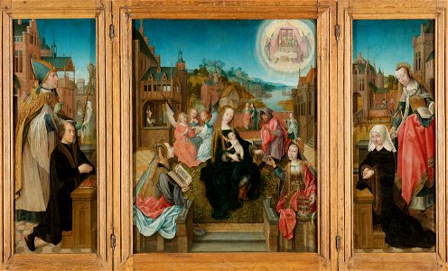 Drieluik met Maria met kind en heiligen (middenpaneel), de stichter met de heilige Martinus (binnenzijde linkervleugel), de stichteres met de heilige Cunera (binnenzijde rechtervleugel) en Rijksmuseum SK-A-3141