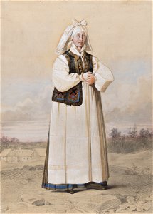 Dräkt. Akvarellerad blyertsteckning av stående kvinna Akvarell i storformat av Otto Wallgren - Nordiska museet - NMA.0070099 (1)