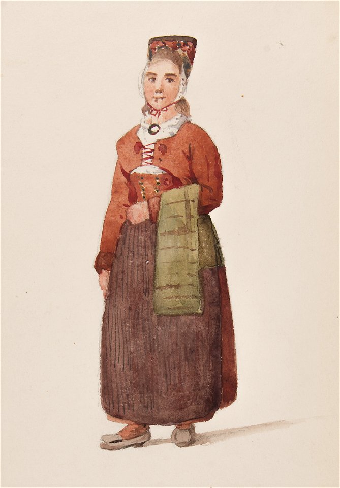 Dräkt. Kvinna framifrån i helfigur, Häverödräkt. Akvarell i storformat av Joseph Magnus Stäck - Nordiska museet - NMA.0070168 (1)