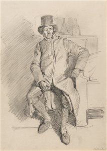 Dräkt. Man sittande med långrock. Akvarell i storformat av J.W. Wallander - Nordiska museet - NMA.0070161 (1)
