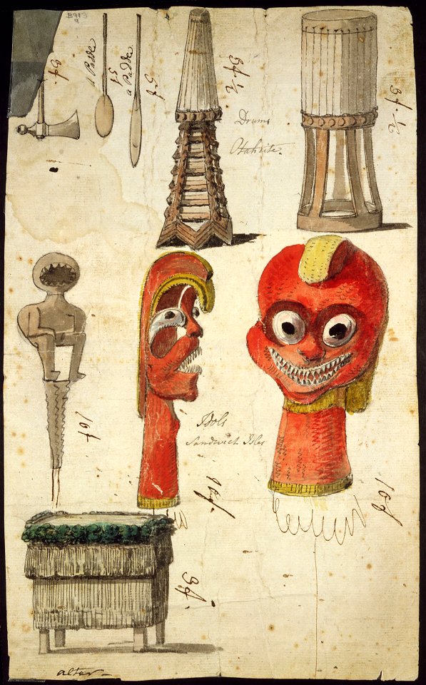 Drums Otaheite. Idols Sandwich Isles. Paddles. Altar, by John Webber