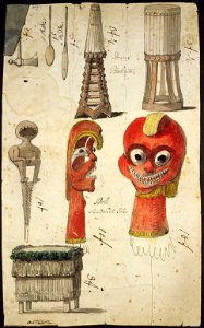 Drums Otaheite. Idols Sandwich Isles. Paddles. Altar, by John Webber