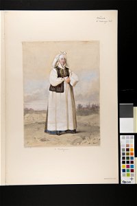 Dräkt. Akvarellerad blyertsteckning av stående kvinna Akvarell i storformat av Otto Wallgren - Nordiska museet - NMA.0070099 (2)