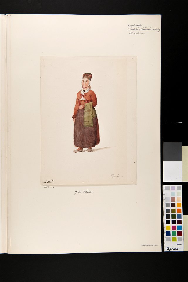 Dräkt. Kvinna framifrån i helfigur, Häverödräkt. Akvarell i storformat av Joseph Magnus Stäck - Nordiska museet - NMA.0070168 (2)