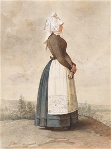 Dräkt. Kvinna stående i helfigur med vitt förkläde. Akvarell i storformat av O. Wallgren - Nordiska museet - NMA.0070093 (1)