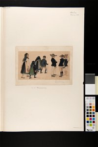 Dräkt. Akvarell. Flera dräktklädda i sällskap, olika kön och ålder. En man är barfota - Nordiska museet - NMA.0070142 (2)