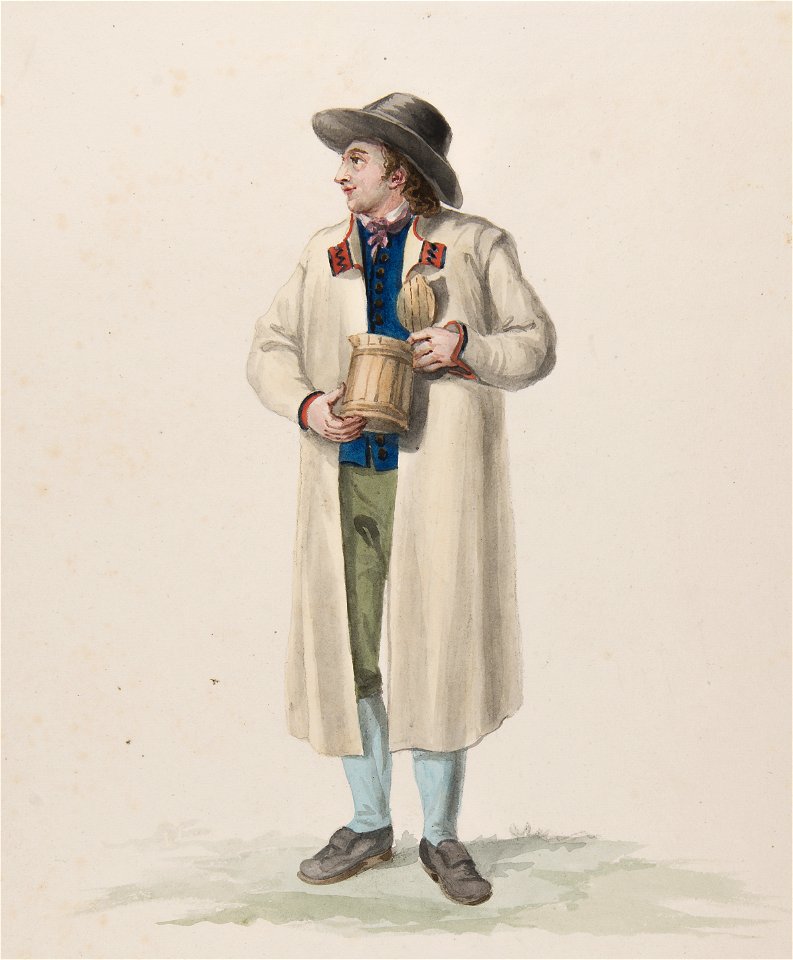 Dräkt. Habitant de la Paroisse de Wingåker . Man i dräkt i helfigur. Akvarell i storformat av C.W - Nordiska museet - NMA.0070151 (1)