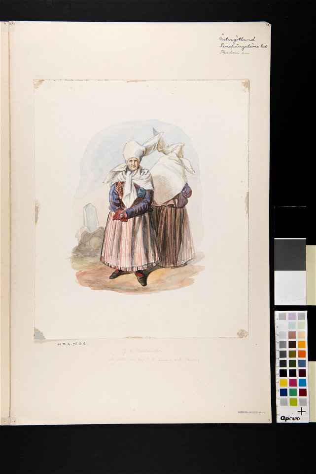 Dräkt. Kvinna fram och bak. Östergötland, Finspång, Skedevi. Akvarell i storformat av J.W Wallander - Nordiska museet - NMA.0070175 (2)
