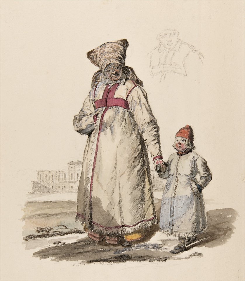 Dräkt. Kvinna med barn i helfigur. Wingåkersboar uti vinterdräkt - Nordiska museet - NMA.0070157 (1)