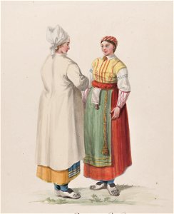 Dräkt. Femmes de la Paroisse de Wingåker Två kvinnor i dräkt. Akvarell i storformat av C.W. Swedman - Nordiska museet - NMA.0070150 (1)