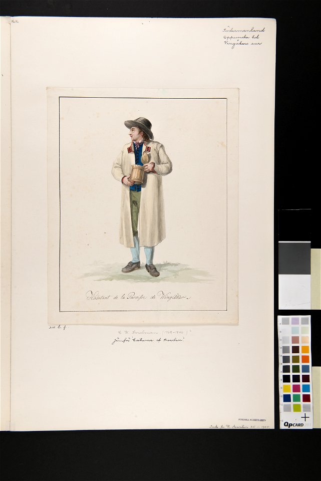 Dräkt. Habitant de la Paroisse de Wingåker . Man i dräkt i helfigur. Akvarell i storformat av C.W - Nordiska museet - NMA.0070151 (2)