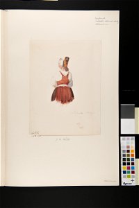 Dräkt. Kvinna bakifrån i halvfigur, Häverödräkt. Akvarell i storformat av Joseph Magnus Stäck - Nordiska museet - NMA.0070169 (2)