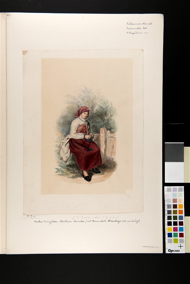 Dräkt. Westra Wingåker, Hustrun Annika (vid Damsdal) Hvardags och resdrägt - Nordiska museet - NMA.0070153 (2)