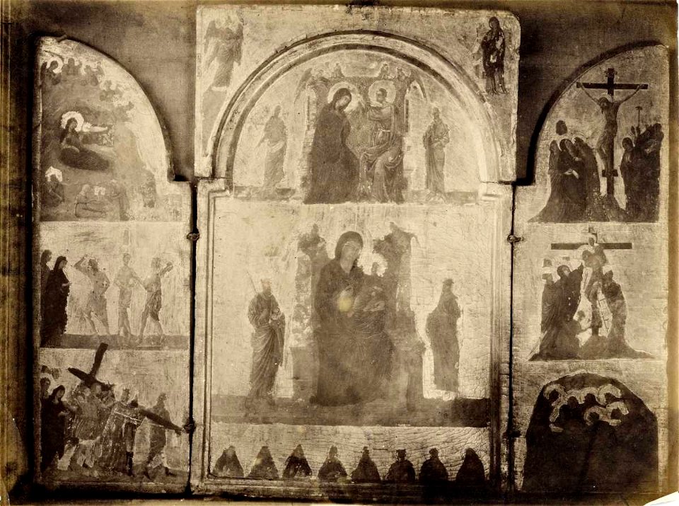 Duccio, bottega - Madonna con Bambino in trono, Storie di Cristo e della Madonna, inv. 35