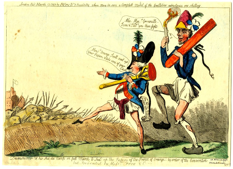 Dumourer & his aid du camp on full march to seal up the papers of the Prince of Orange. By order of the convention but prevented by messers frog & co- (BM 1868,0808.6281)