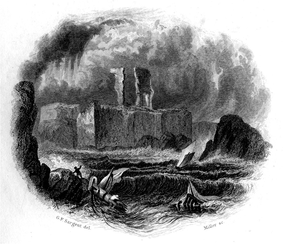 Dunbar Castle vignette engraving by William Miller after G F Sargent