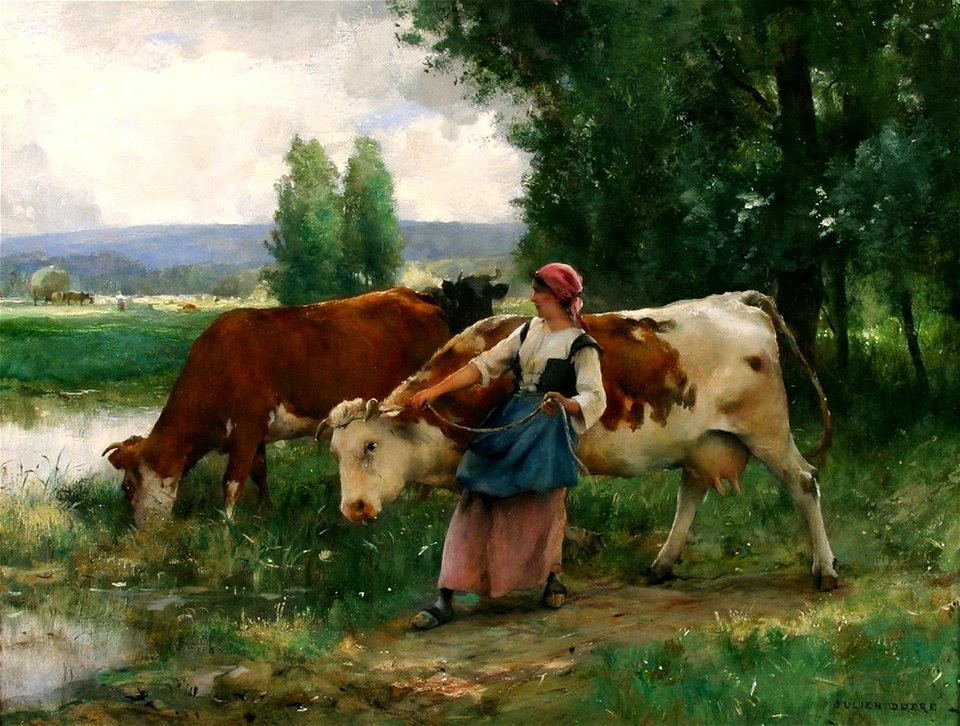 Femme et vaches par l'eau Julien Dupré