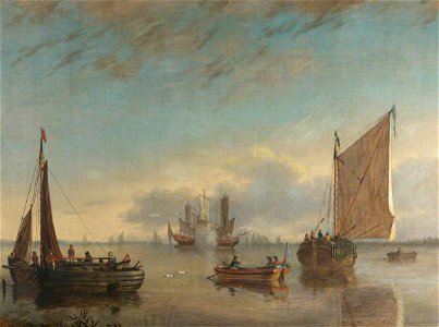 Dutch School - A Calm Estuary with Fishing Boats and a Man o' War Firing a Salute - 814210 - National Trust