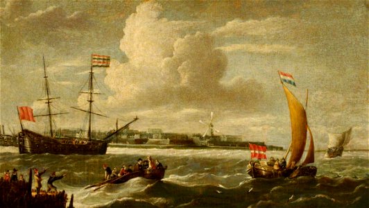 Dutch School - Dutch Warship Anchored in a Bay with Boats Coming Ashore - 1411104 - National Trust
