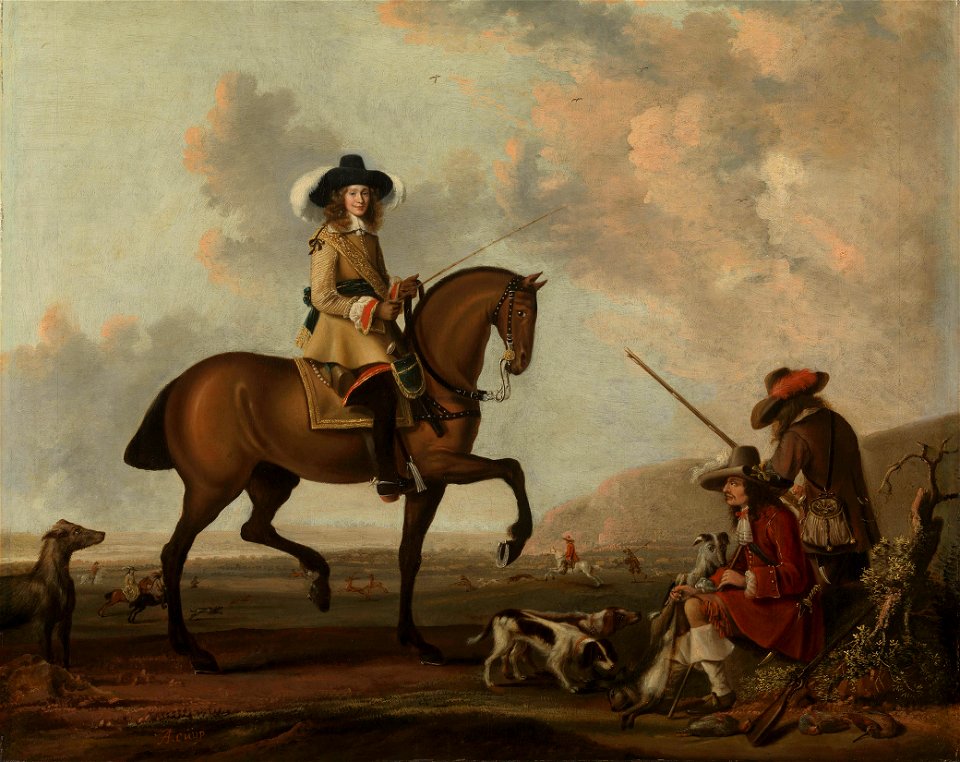 Dutch School, 17th century - A Gentleman on Horseback with Two Gamekeepers with Dogs - RCIN 405202 - Royal Collection