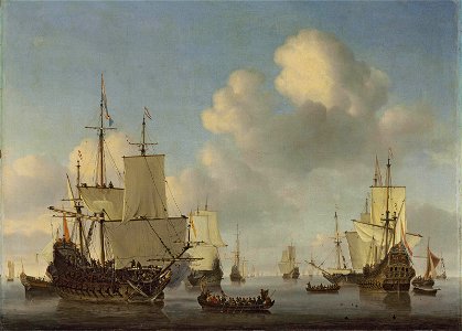 Dutch Ships in a Calm by Willem van de Velde (II) Rijksmuseum Amsterdam SK-C-1707 (before restoration). Free illustration for personal and commercial use.