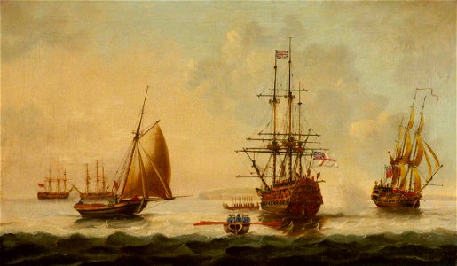 Dutch School - English Warships at Anchor with Boats Approaching and a Salute Being Fired - 1411105 - National Trust