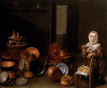Dutch 17th century Kitchen interior with an old woman